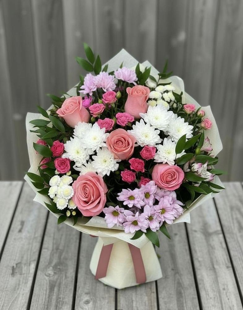 Букет цветов из: Альстромерии, Гвоздики, Розы и Хризантемы в Новокуйбышевске Самарская область