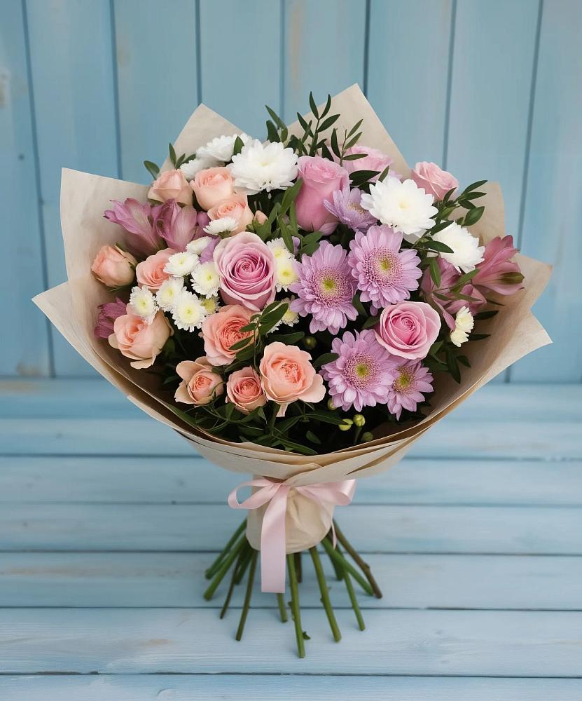 Букет цветов из: Хризантемы, Розы и Альстромерии в Новокуйбышевске Самарская область
