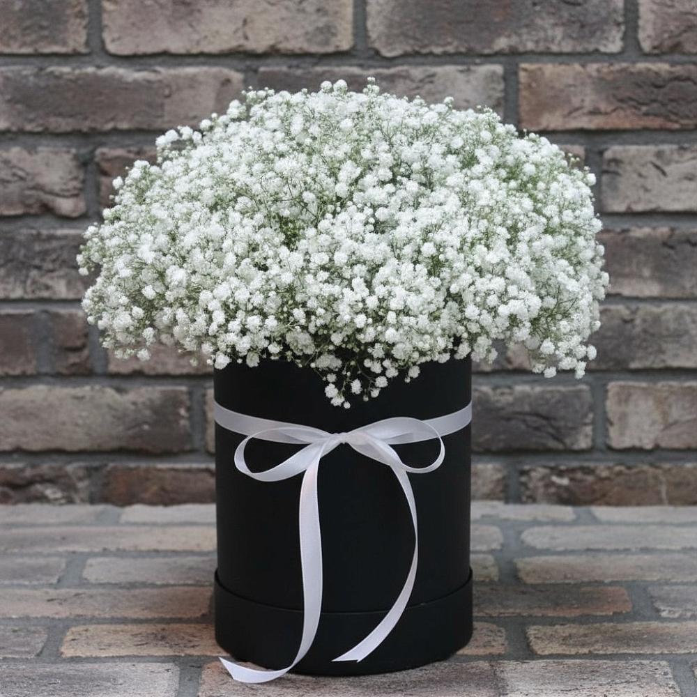 Цветочная композиция из Гипсофила в шляпной коробке в Новокуйбышевске Самарская область