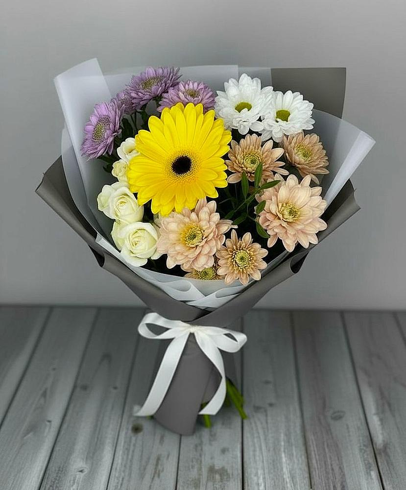 Букет цветов из: Розы, Герберы и Хризантемы в Новокуйбышевске Самарская область