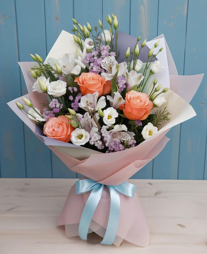 Букет цветов из: Лизиантусы, Розы, Альстромерии и Гипсофила в Новокуйбышевске Самарская область