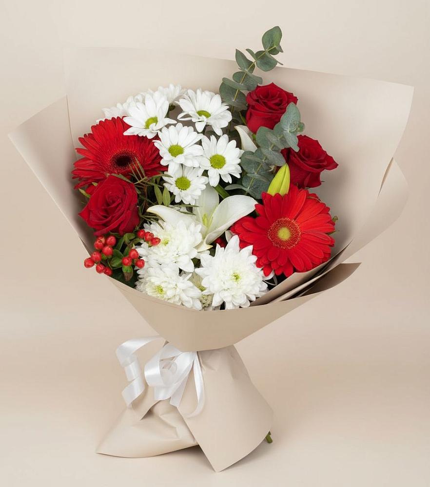 Букет цветов из: Розы, Хризантемы, Герберы и Лилии в Новокуйбышевске Самарская область