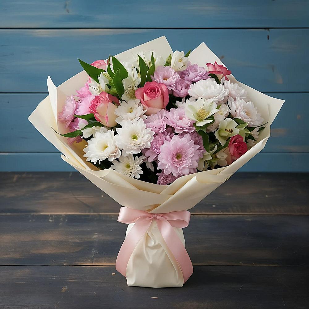 Букет цветов из: Хризантемы, Альстромерии и Розы в Новокуйбышевске Самарская область